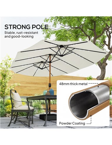 Outsunny Double Sided Garden Parasol with Base Included & 48 Solar LED Lights Patio Umbrella Crank Handle 4.6m Cream White