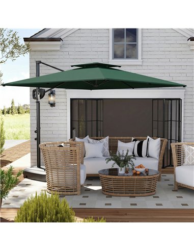 Outsunny Cantilever Parasol with Weighted Base Double Top Garden Parasol Square Hanging Patio Umbrella with Crank Tilt Dark Gree