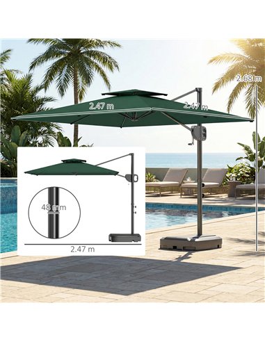 Outsunny Cantilever Parasol with Weighted Base Double Top Garden Parasol Square Hanging Patio Umbrella with Crank Tilt Dark Gree