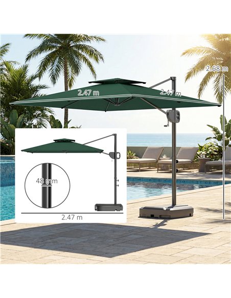 Outsunny Cantilever Parasol with Weighted Base Double Top Garden Parasol Square Hanging Patio Umbrella with Crank Tilt Dark Gree - pic 188124 | FastDaddyshop