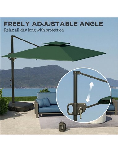 Outsunny Cantilever Parasol with Weighted Base Double Top Garden Parasol Square Hanging Patio Umbrella with Crank Tilt Dark Gree