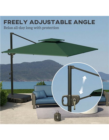 Outsunny Cantilever Parasol with Weighted Base Double Top Garden Parasol Square Hanging Patio Umbrella with Crank Tilt Dark Gree - pic 188126 | FastDaddyshop