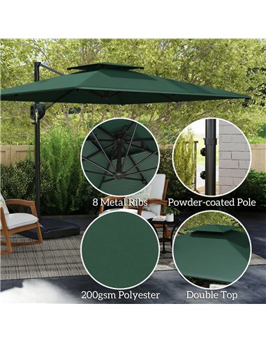 Outsunny Cantilever Parasol with Weighted Base Double Top Garden Parasol Square Hanging Patio Umbrella with Crank Tilt Dark Gree