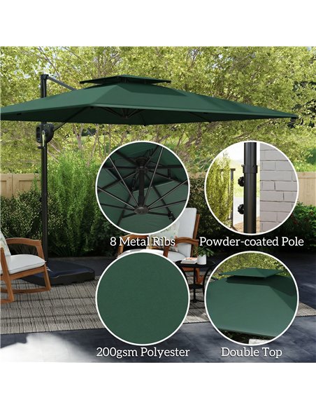 Outsunny Cantilever Parasol with Weighted Base Double Top Garden Parasol Square Hanging Patio Umbrella with Crank Tilt Dark Gree - pic 188127 | FastDaddyshop
