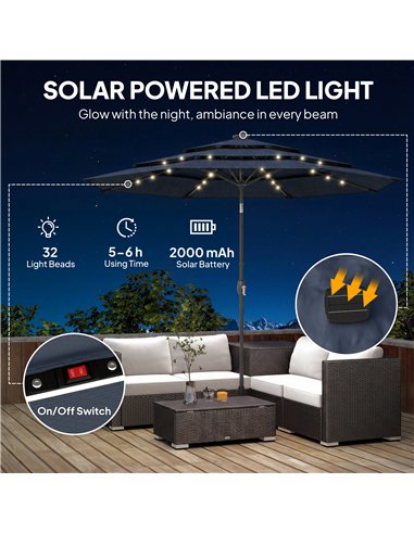 Outsunny 2.8 m Garden Parasol Umbrella with LED Solar Light, Parasol Cover, 3 Tier Outdoor Table Market Patio Umbrella, Navy Blu