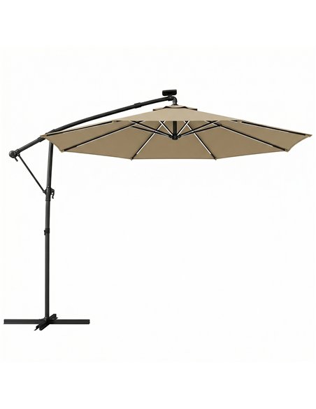 Outsunny 3 m Garden Cantilever Parasol with LED Solar Light, Round Overhanging Umbrella with 360° Rotation, Cover, Khaki - pic 188158 | FastDaddyshop