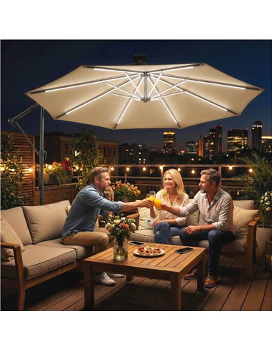 Outsunny 3 m Garden Cantilever Parasol with LED Solar Light, Round Overhanging Umbrella with 360° Rotation, Cover, Khaki