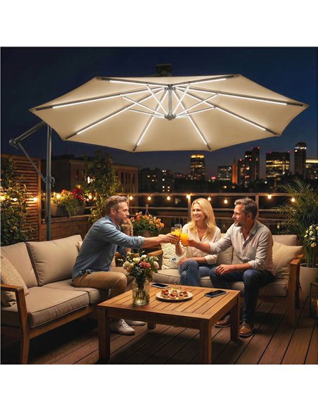 Outsunny 3 m Garden Cantilever Parasol with LED Solar Light, Round Overhanging Umbrella with 360° Rotation, Cover, Khaki - pic 188159 | FastDaddyshop