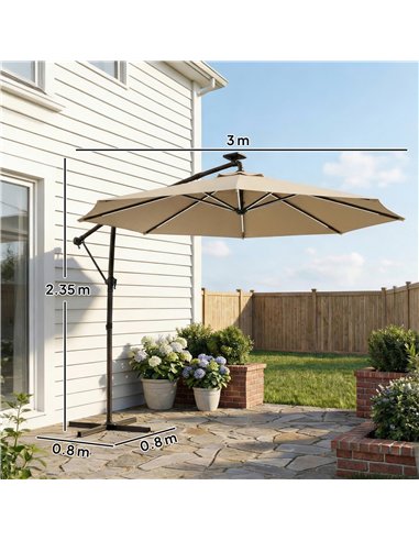 Outsunny 3 m Garden Cantilever Parasol with LED Solar Light, Round Overhanging Umbrella with 360° Rotation, Cover, Khaki