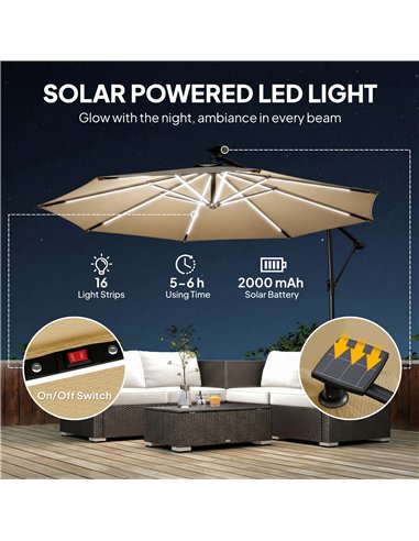 Outsunny 3 m Garden Cantilever Parasol with LED Solar Light, Round Overhanging Umbrella with 360° Rotation, Cover, Khaki
