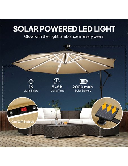 Outsunny 3 m Garden Cantilever Parasol with LED Solar Light, Round Overhanging Umbrella with 360° Rotation, Cover, Khaki - pic 188161 | FastDaddyshop