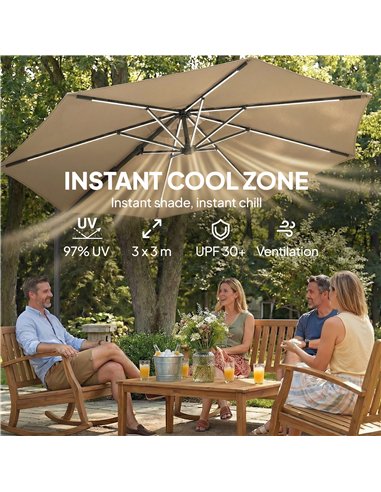 Outsunny 3 m Garden Cantilever Parasol with LED Solar Light, Round Overhanging Umbrella with 360° Rotation, Cover, Khaki