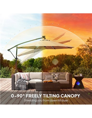 Outsunny 3 m Garden Cantilever Parasol with LED Solar Light, Round Overhanging Umbrella with 360° Rotation, Cover, Khaki