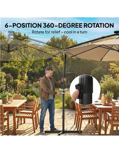 Outsunny 3 m Garden Cantilever Parasol with LED Solar Light, Round Overhanging Umbrella with 360° Rotation, Cover, Khaki