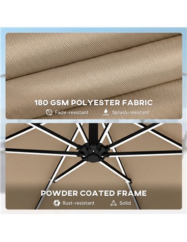 Outsunny 3 m Garden Cantilever Parasol with LED Solar Light, Round Overhanging Umbrella with 360° Rotation, Cover, Khaki