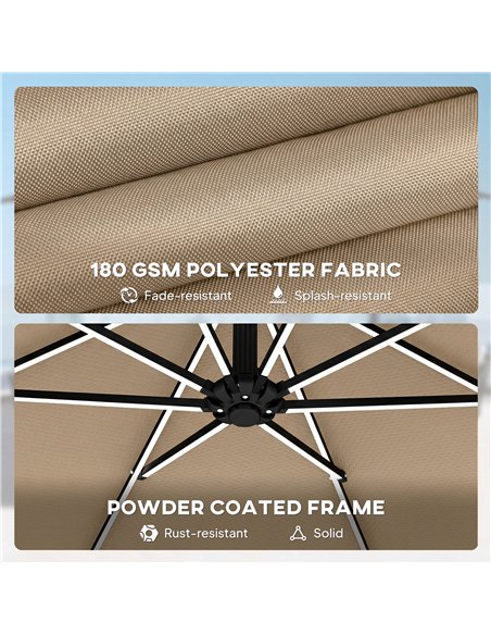 Outsunny 3 m Garden Cantilever Parasol with LED Solar Light, Round Overhanging Umbrella with 360° Rotation, Cover, Khaki - pic 188166 | FastDaddyshop