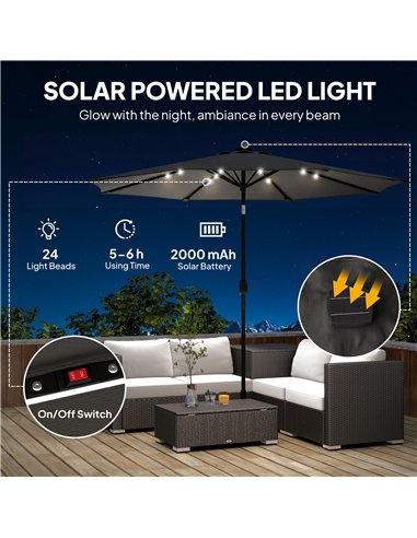 Outsunny 2.6 m Garden Parasol Umbrella with LED Solar Light, Parasol Cover, Outdoor Market Patio Umbrella, Black