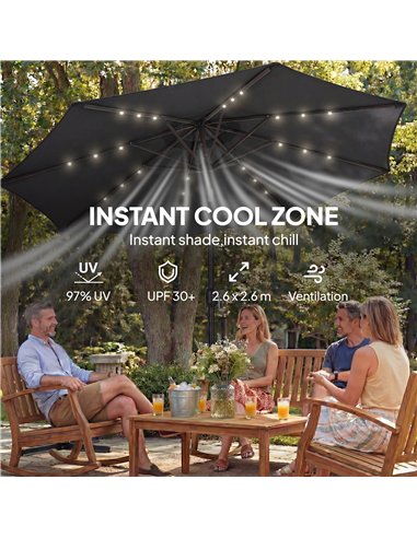 Outsunny 2.6 m Garden Parasol Umbrella with LED Solar Light, Parasol Cover, Outdoor Market Patio Umbrella, Black