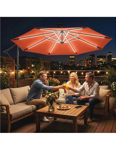 Outsunny 3 m Garden Cantilever Parasol with LED Solar Light, Round Overhanging Umbrella with 360° Rotation, Cover, Orange
