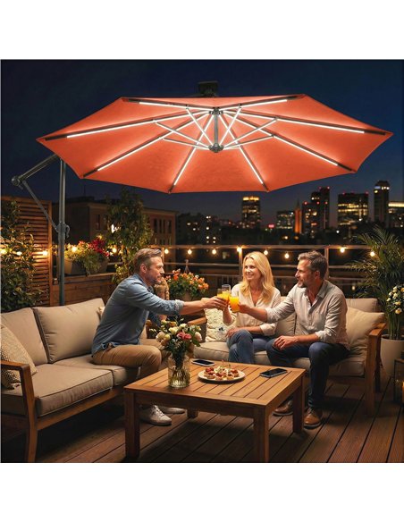 Outsunny 3 m Garden Cantilever Parasol with LED Solar Light, Round Overhanging Umbrella with 360° Rotation, Cover, Orange - pic 188177 | FastDaddyshop