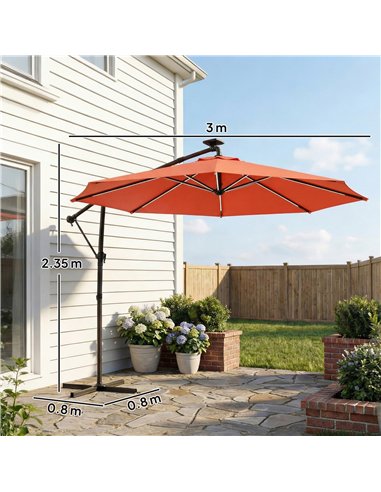 Outsunny 3 m Garden Cantilever Parasol with LED Solar Light, Round Overhanging Umbrella with 360° Rotation, Cover, Orange