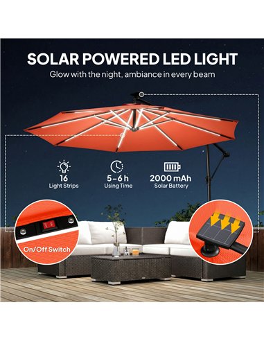 Outsunny 3 m Garden Cantilever Parasol with LED Solar Light, Round Overhanging Umbrella with 360° Rotation, Cover, Orange