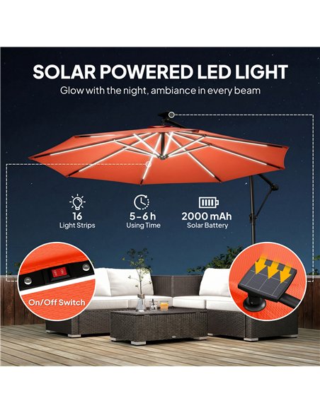 Outsunny 3 m Garden Cantilever Parasol with LED Solar Light, Round Overhanging Umbrella with 360° Rotation, Cover, Orange - pic 188179 | FastDaddyshop