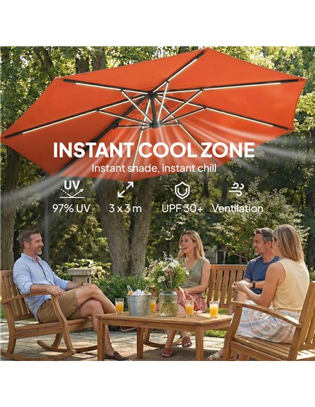 Outsunny 3 m Garden Cantilever Parasol with LED Solar Light, Round Overhanging Umbrella with 360° Rotation, Cover, Orange - pic 188180 | FastDaddyshop