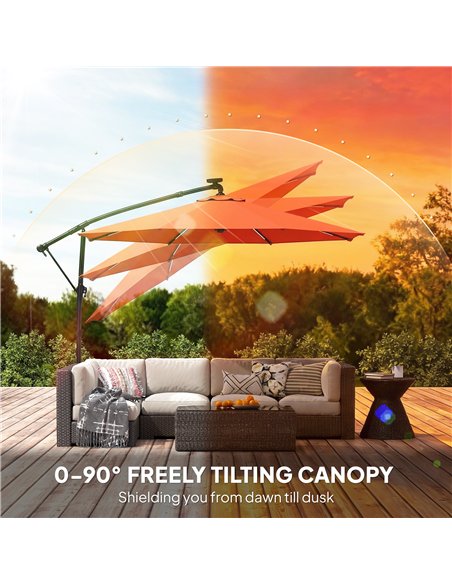 Outsunny 3 m Garden Cantilever Parasol with LED Solar Light, Round Overhanging Umbrella with 360° Rotation, Cover, Orange - pic 188181 | FastDaddyshop