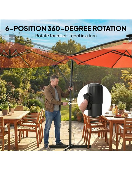 Outsunny 3 m Garden Cantilever Parasol with LED Solar Light, Round Overhanging Umbrella with 360° Rotation, Cover, Orange - pic 188182 | FastDaddyshop