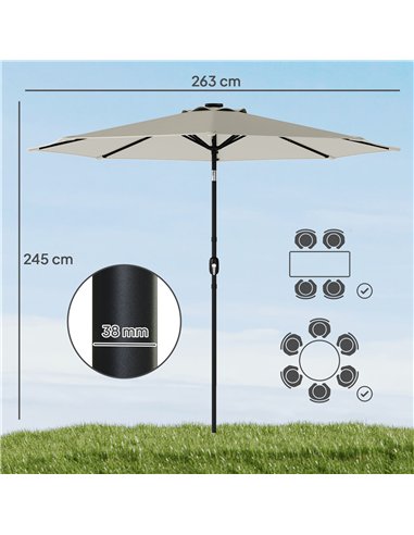 Outsunny 2.6 m Garden Parasol Umbrella with LED Solar Light, Parasol Cover, Outdoor Market Patio Umbrella, Light Grey