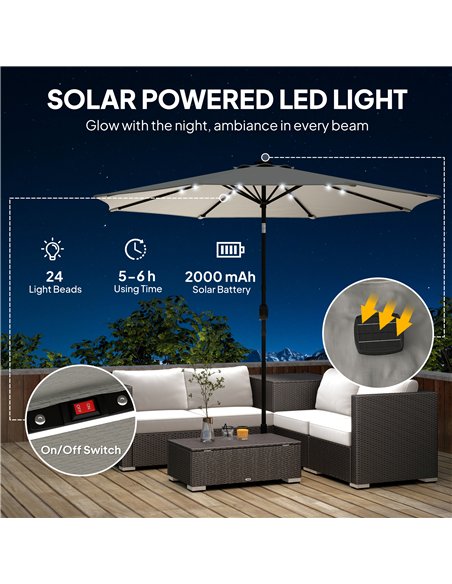 Outsunny 2.6 m Garden Parasol Umbrella with LED Solar Light, Parasol Cover, Outdoor Market Patio Umbrella, Light Grey - pic 188188 | FastDaddyshop