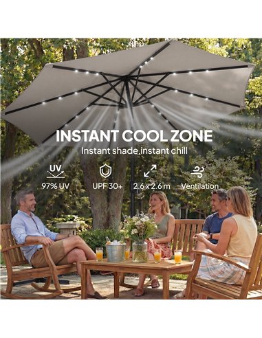 Outsunny 2.6 m Garden Parasol Umbrella with LED Solar Light, Parasol Cover, Outdoor Market Patio Umbrella, Light Grey
