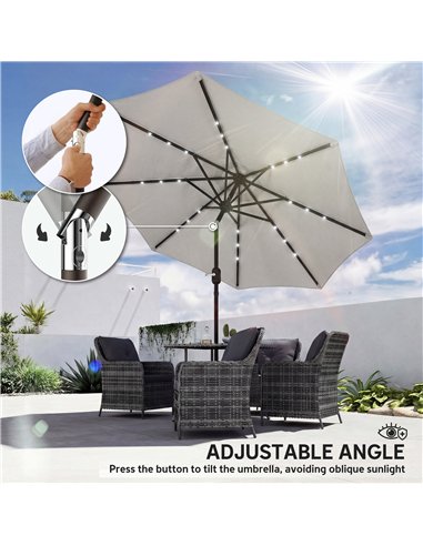 Outsunny 2.6 m Garden Parasol Umbrella with LED Solar Light, Parasol Cover, Outdoor Market Patio Umbrella, Light Grey