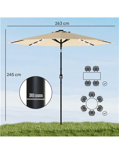 Outsunny 2.6 m Garden Parasol Umbrella with LED Solar Light, Parasol Cover, Outdoor Market Patio Umbrella, Beige