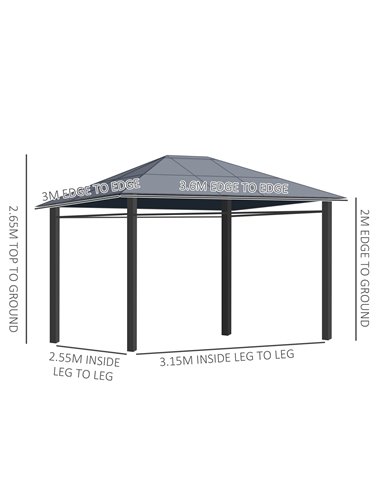 Outsunny 3.6x3m Hardtop Gazebo with UV Resistant Polycarbonate Roof, Steel & Aluminum Frame, Grey