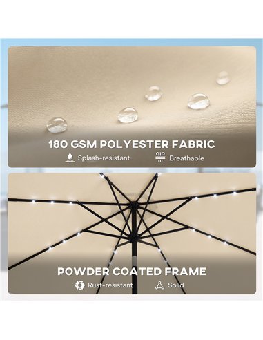 Outsunny 2.6 m Garden Parasol Umbrella with LED Solar Light, Parasol Cover, Outdoor Market Patio Umbrella, Beige