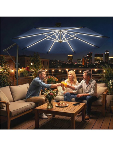Outsunny 3 m Garden Cantilever Parasol with LED Solar Light, Round Overhanging Umbrella with 360° Rotation, Cover, Navy Blue - pic 188204 | FastDaddyshop