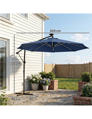 Outsunny 3 m Garden Cantilever Parasol with LED Solar Light, Round Overhanging Umbrella with 360° Rotation, Cover, Navy Blue