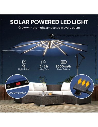 Outsunny 3 m Garden Cantilever Parasol with LED Solar Light, Round Overhanging Umbrella with 360° Rotation, Cover, Navy Blue