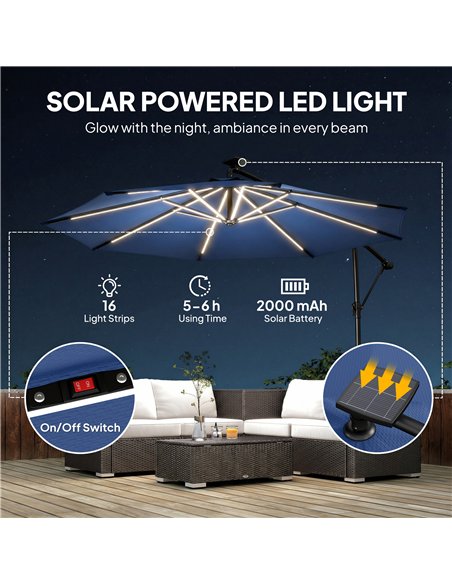 Outsunny 3 m Garden Cantilever Parasol with LED Solar Light, Round Overhanging Umbrella with 360° Rotation, Cover, Navy Blue - pic 188206 | FastDaddyshop