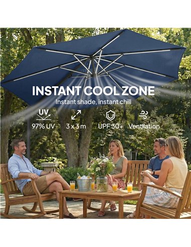 Outsunny 3 m Garden Cantilever Parasol with LED Solar Light, Round Overhanging Umbrella with 360° Rotation, Cover, Navy Blue