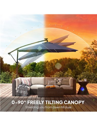 Outsunny 3 m Garden Cantilever Parasol with LED Solar Light, Round Overhanging Umbrella with 360° Rotation, Cover, Navy Blue