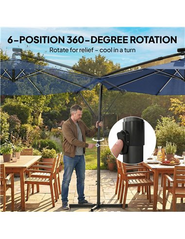 Outsunny 3 m Garden Cantilever Parasol with LED Solar Light, Round Overhanging Umbrella with 360° Rotation, Cover, Navy Blue
