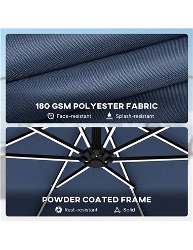 Outsunny 3 m Garden Cantilever Parasol with LED Solar Light, Round Overhanging Umbrella with 360° Rotation, Cover, Navy Blue