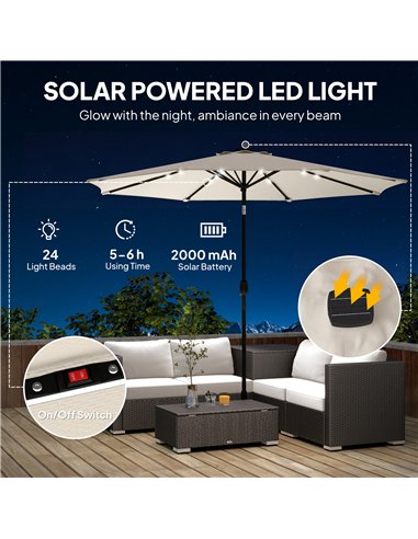 Outsunny 2.6 m Garden Parasol Umbrella with LED Solar Light, Parasol Cover, Outdoor Market Patio Umbrella, Cream White