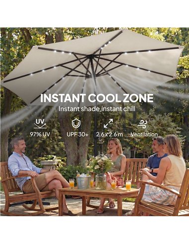 Outsunny 2.6 m Garden Parasol Umbrella with LED Solar Light, Parasol Cover, Outdoor Market Patio Umbrella, Cream White