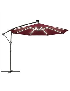 Outsunny 3 m Garden Cantilever Parasol with LED Solar Light, Round Overhanging Umbrella with 360° Rotation, Cover, Wine Red