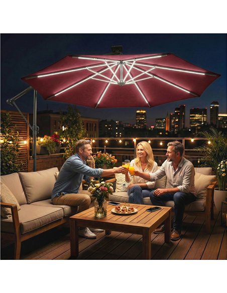 Outsunny 3 m Garden Cantilever Parasol with LED Solar Light, Round Overhanging Umbrella with 360° Rotation, Cover, Wine Red - pic 188222 | FastDaddyshop