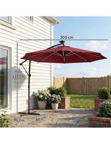 Outsunny 3 m Garden Cantilever Parasol with LED Solar Light, Round Overhanging Umbrella with 360° Rotation, Cover, Wine Red
